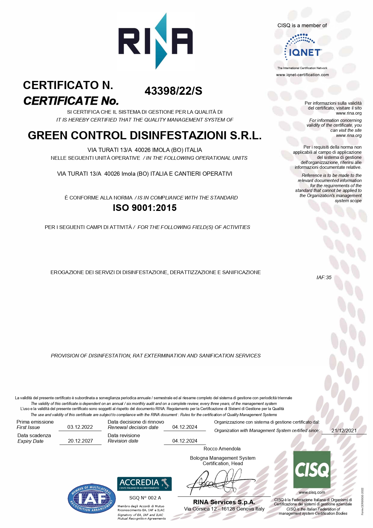 ISO 9001 - Green Control Disinfestazioni S.r.l.