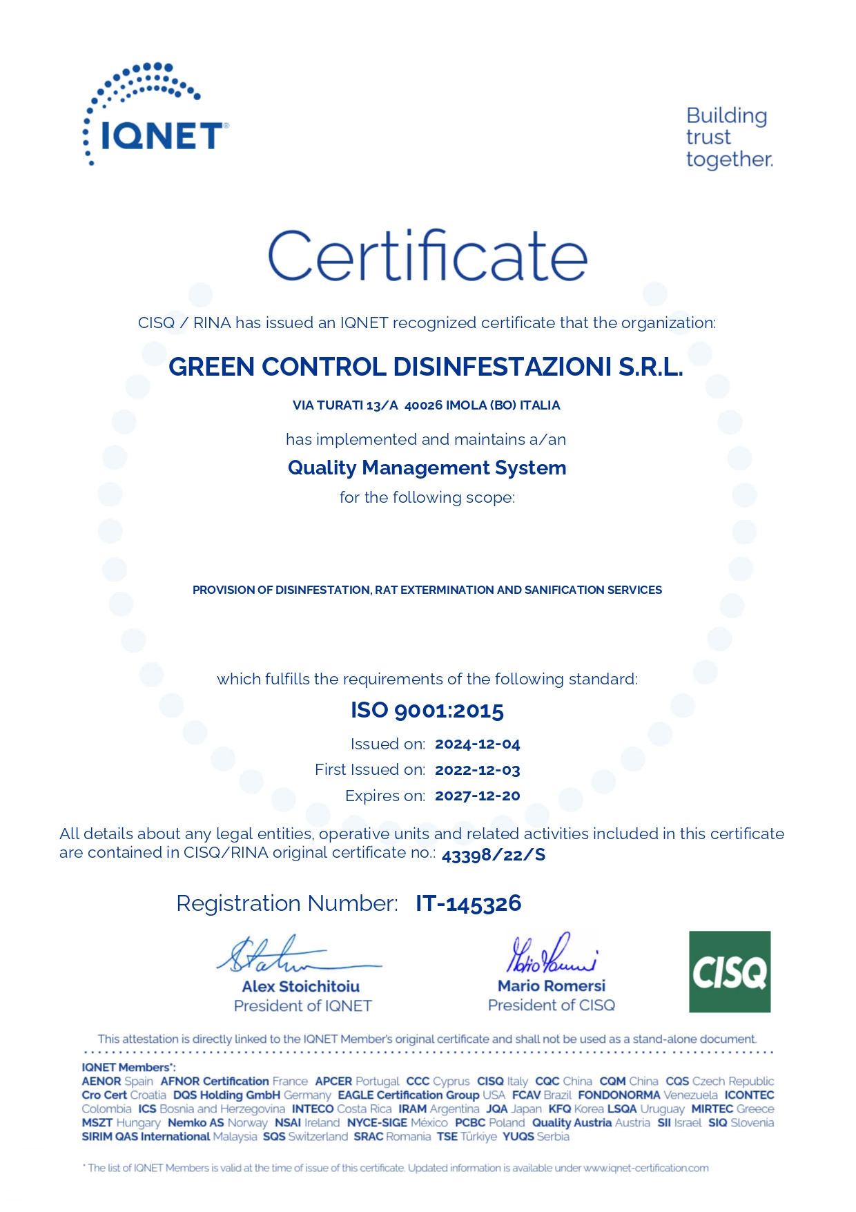 ISO 9001 - Green Control Disinfestazioni S.r.l.