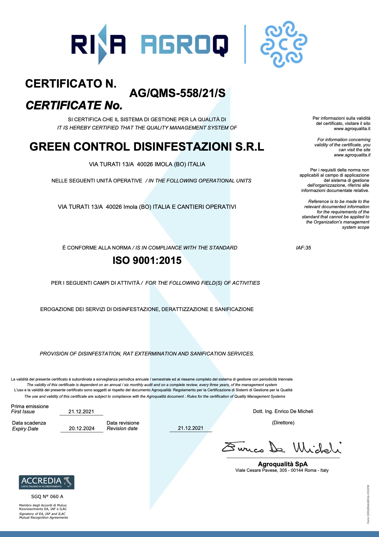 ISO 9001 - Green Control Disinfestazioni S.r.l.